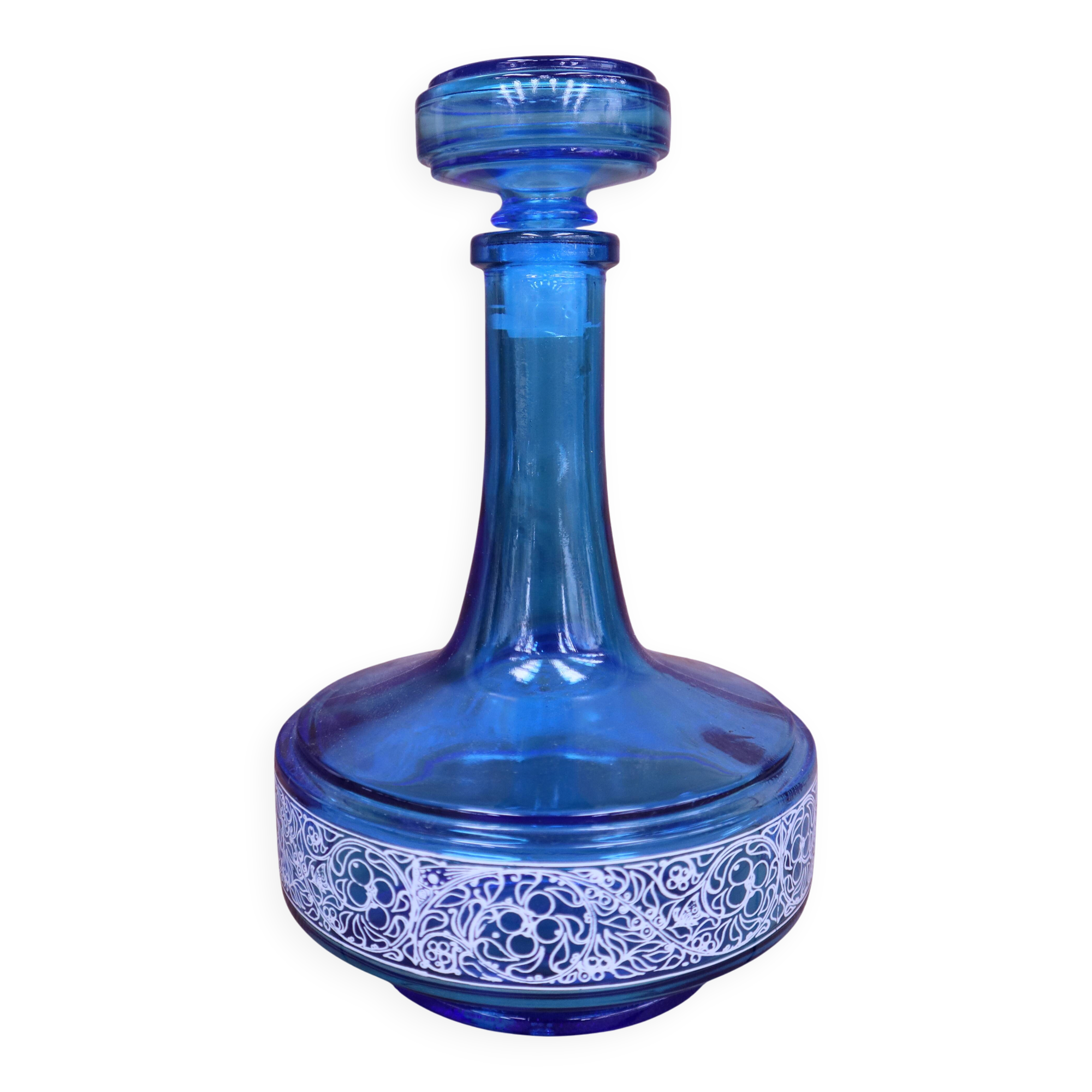 Deep Caribbean blue vintage glass carafe made in Belgium.