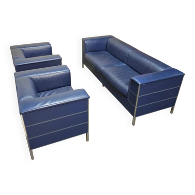 Canapé 2 places et 2 fauteuils Poltrona Frau modèle Talus en cuir bleu foncé