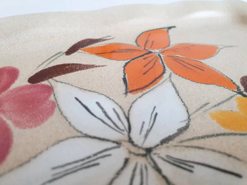 Long flowered stoneware dish from the 70s