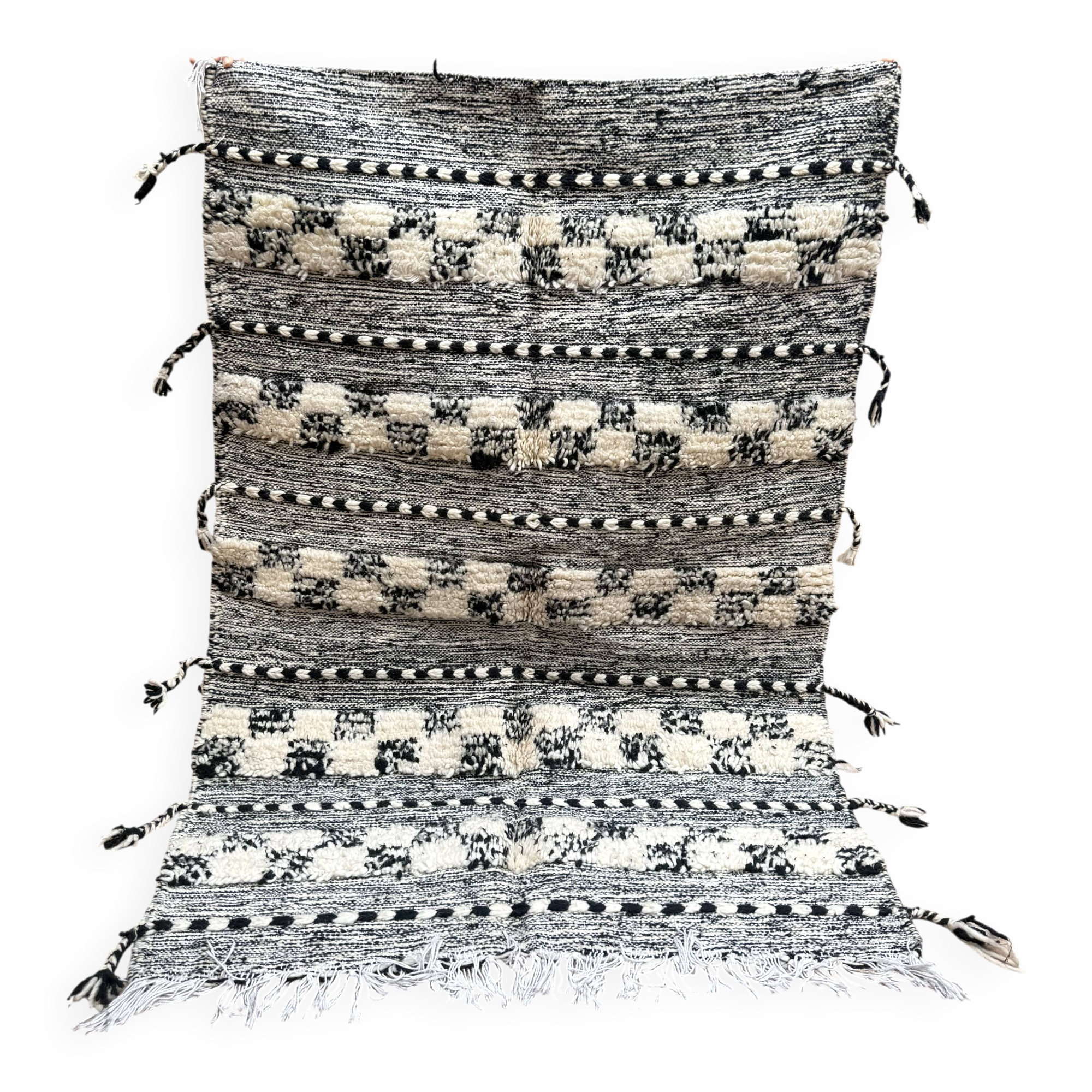 Small black Moroccan Berber Zanafi kilim rug for bedroom and living room.