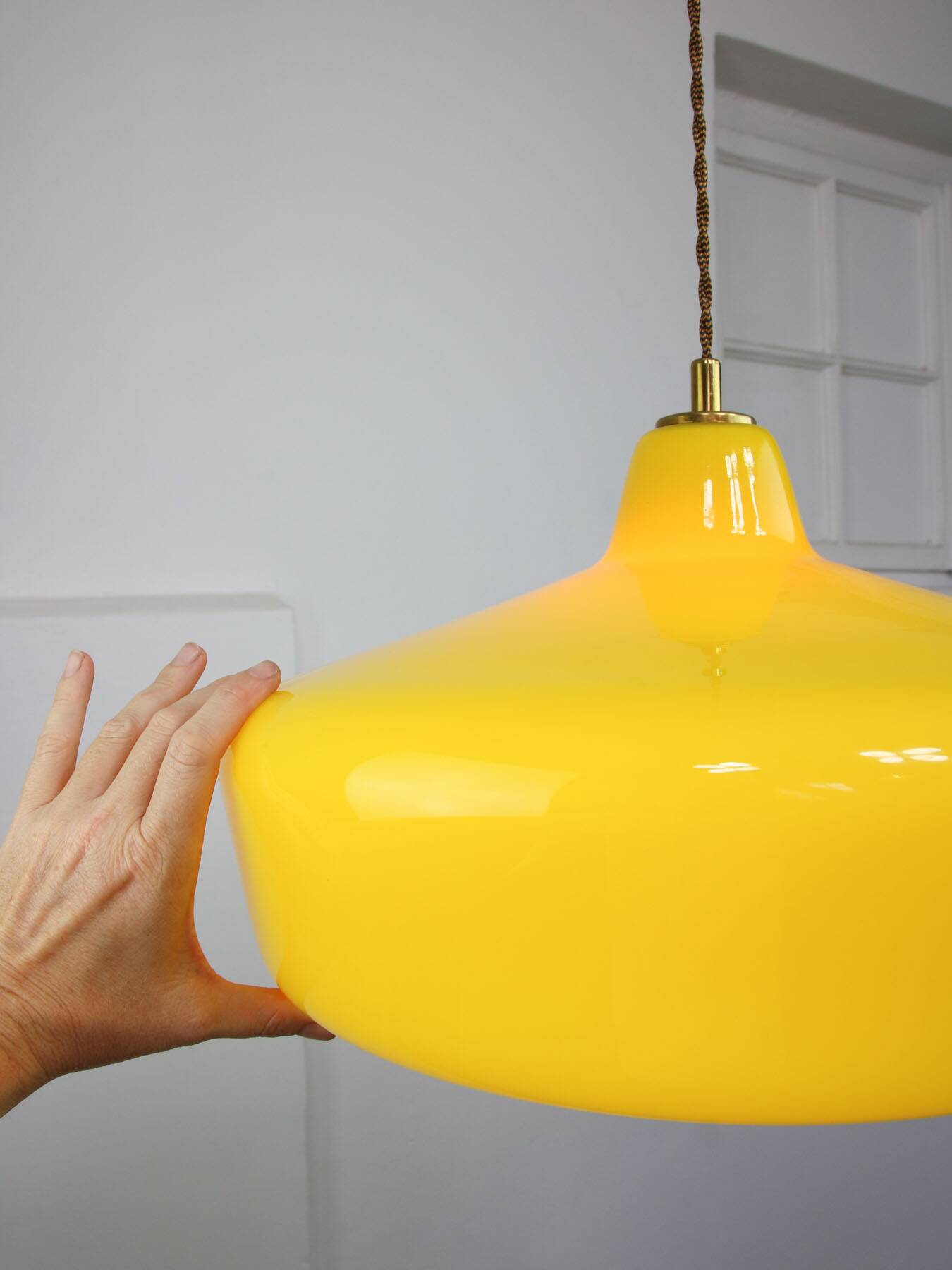 Mid-Century Italian Brass and Yellow Glass Pendant Lamp