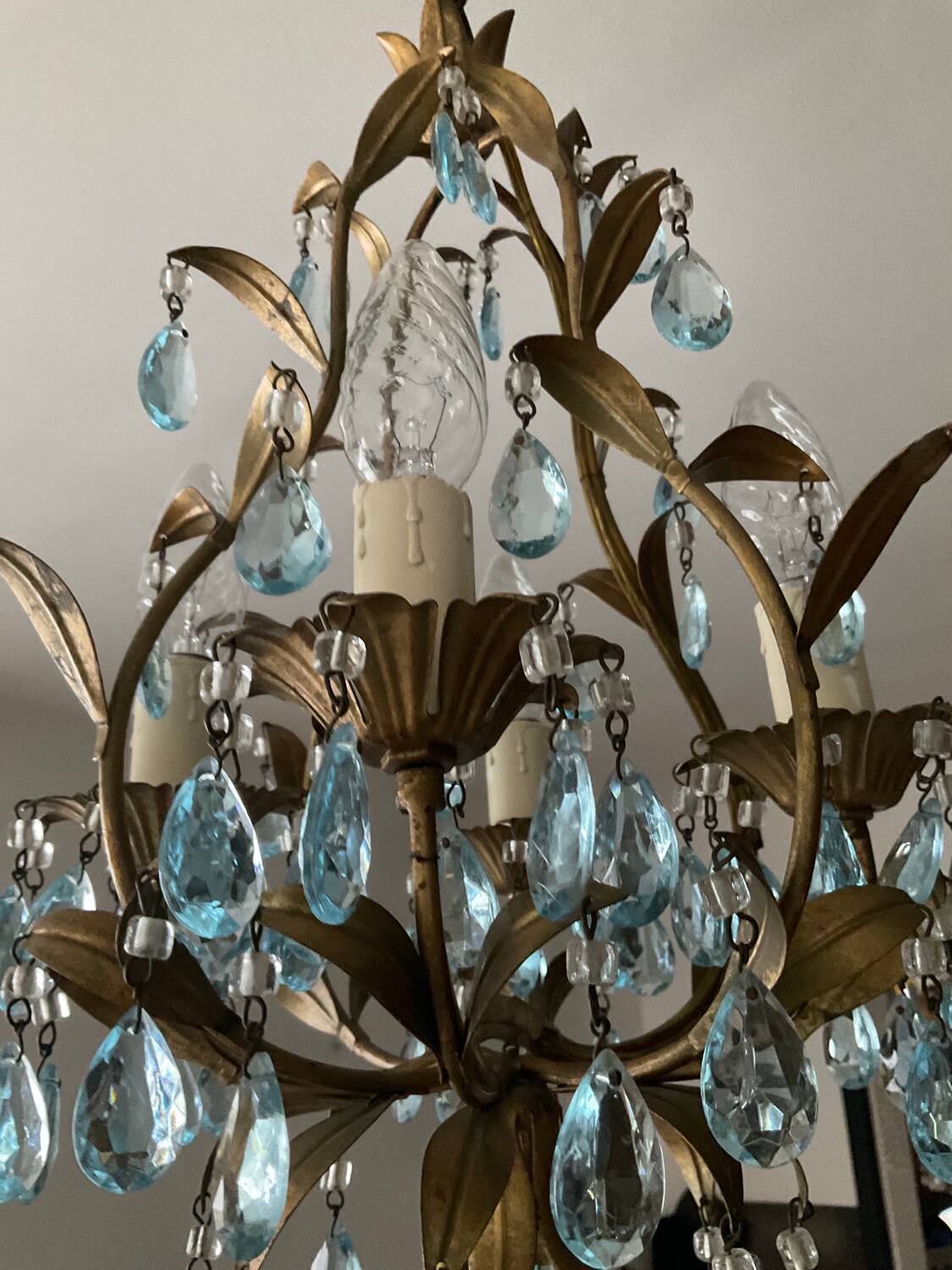 Antique Italian chandelier with cage and blue tassels