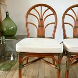 Set of 3 rattan / bamboo chairs with cushions years 1960-1970