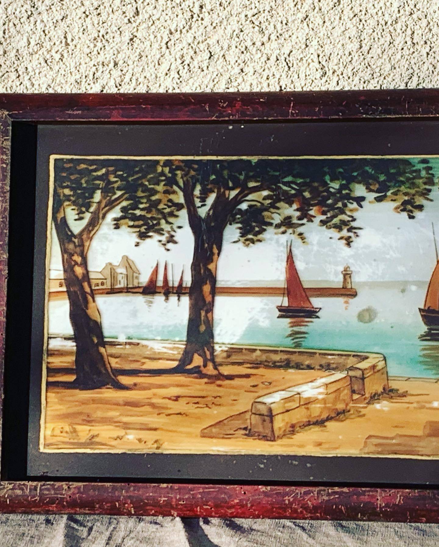 Marine painting, fixed on glass, signed P. Alix, art deco, old