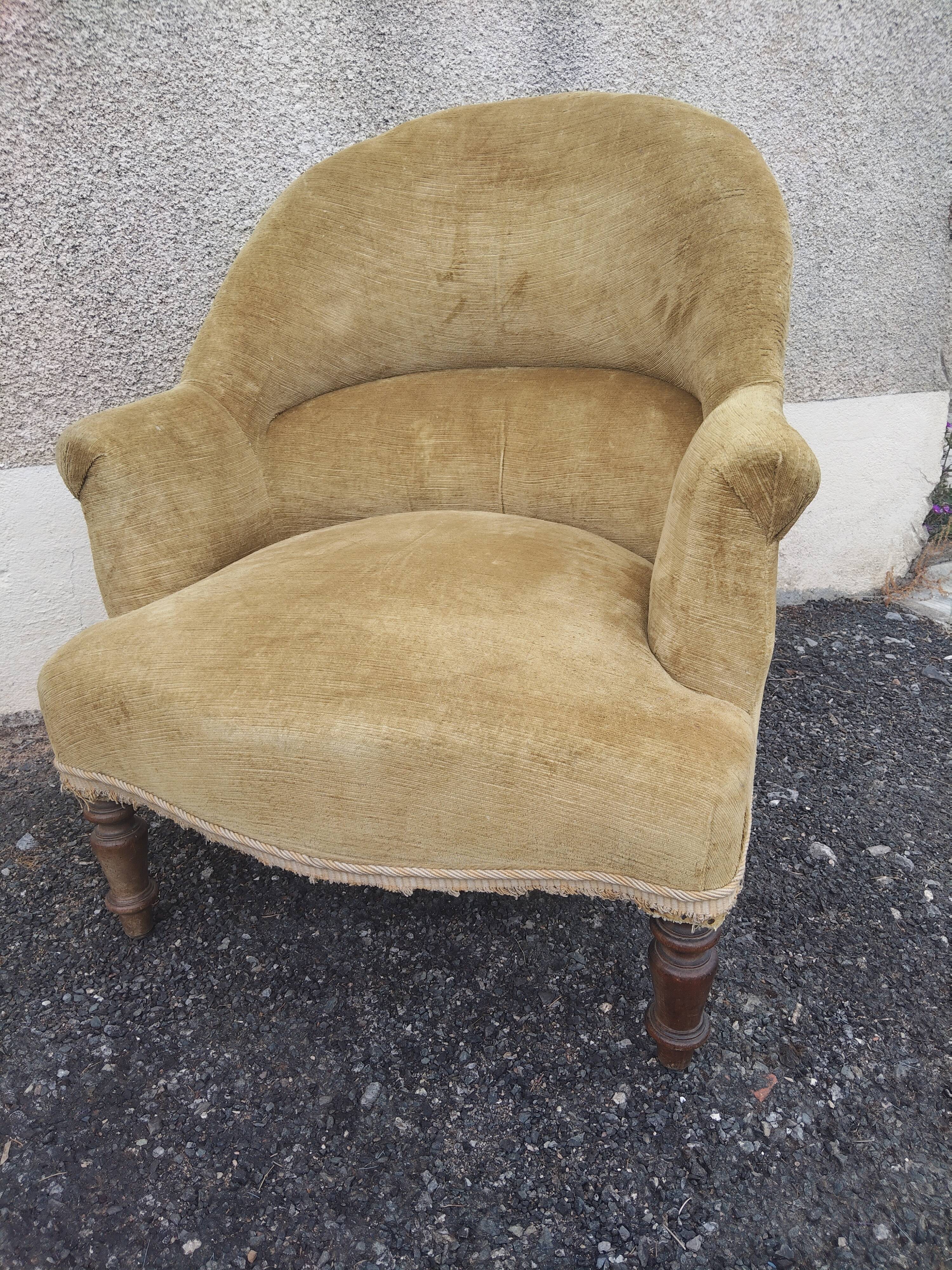 Antique Napoleon III crab chair in patinated mustard velvet.