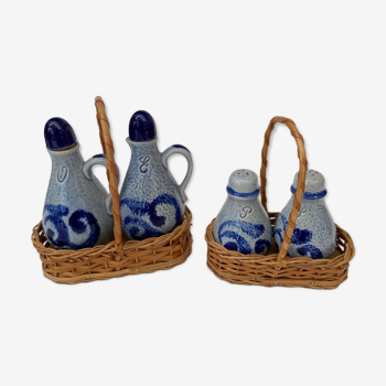 Lot of two earthenware servants in wicker baskets