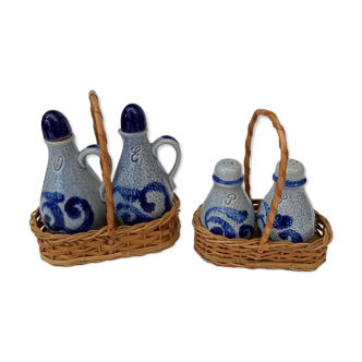 Lot of two earthenware servants in wicker baskets