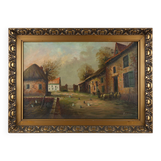 Painting of a farm with gilded wooden frame, France ca. 1920
