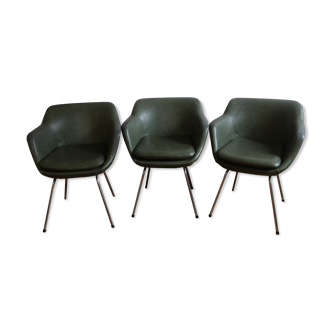 Three green skai chairs with chrome feet