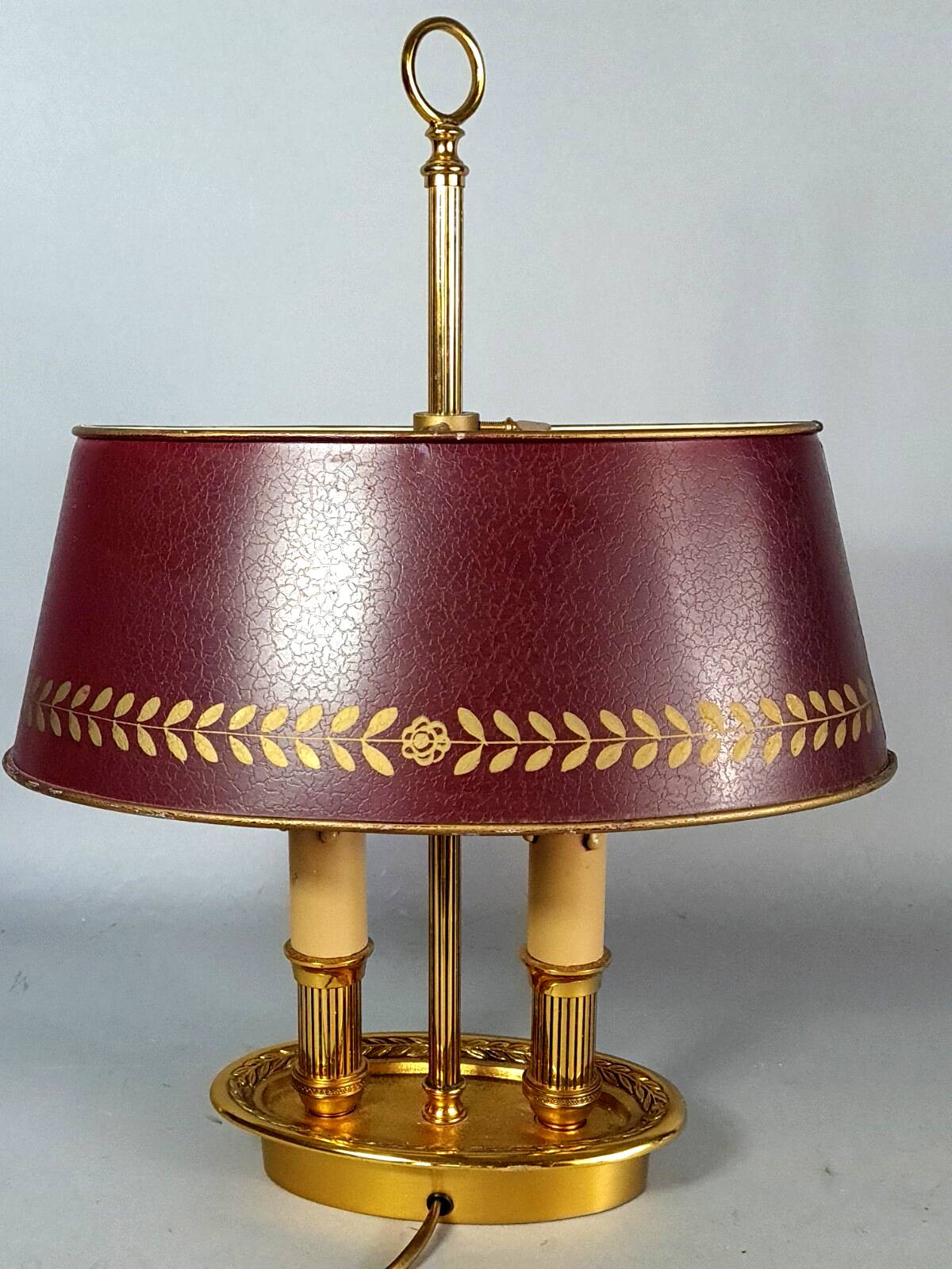 Lampe bouillote style Empire bronze doré abat-jour métal bordeaux C548