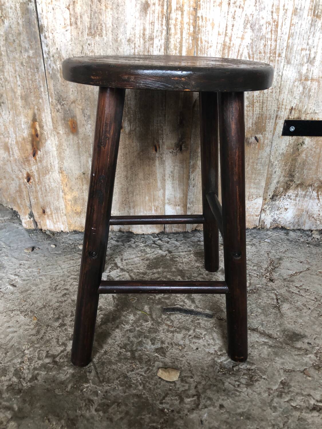 Vintage Turned Dark Wood Milking Stool #A631