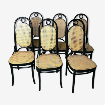 Lot de 6 chaises de Michael Thonet, modèle 207 R en bois courbé noir et cannage 1970