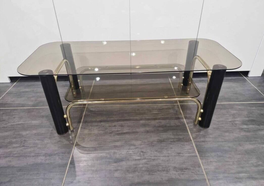 Vintage coffee table in gold metal and smoked glass, 1970s