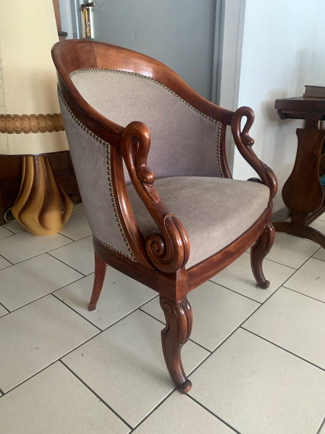 Antique armchair, Restoration style, swan neck