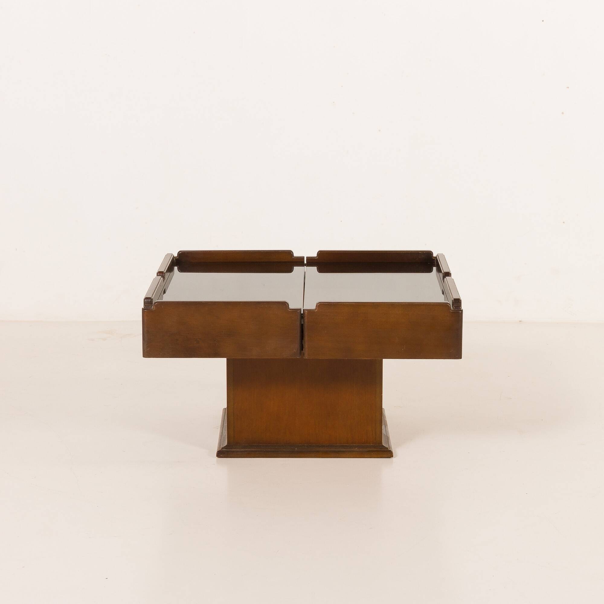 Italian vintage coffee table with bar compartment, walnut and glass, 1970s