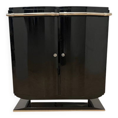 Buffet de bar Art Déco français en laque noire et chrome, 1930