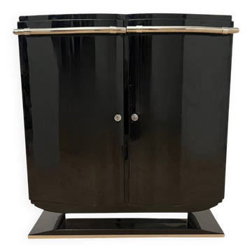 Buffet de bar Art Déco français en laque noire et chrome, 1930