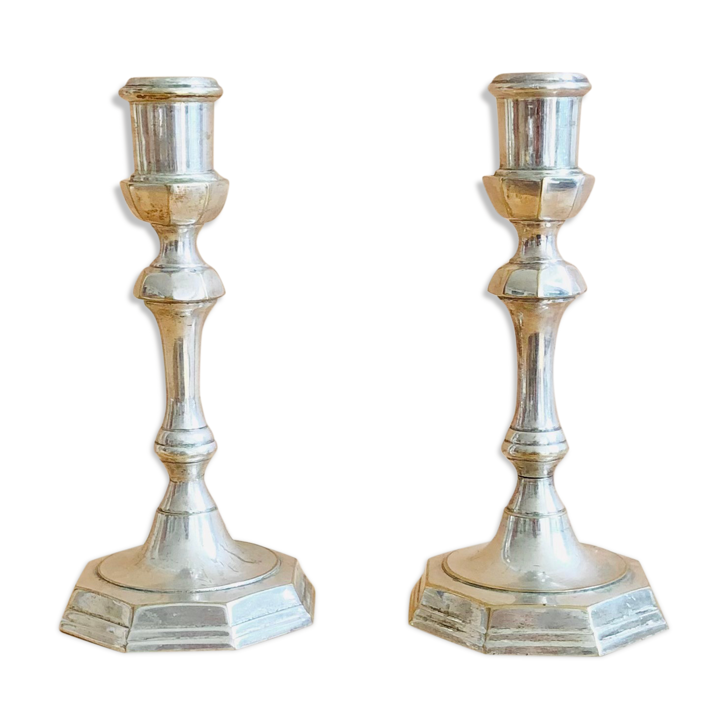 Pair of Pioneer EPNS silver-plated nickel candlesticks