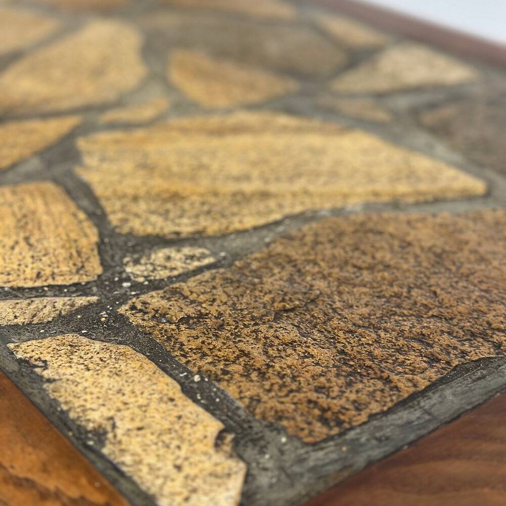 Vintage brutalist stone mosaic coffee table – solid wood, 1970s