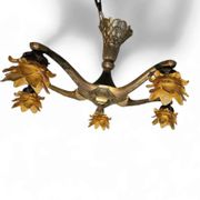 5 arms Art Deco / Art Nouveau / brass hanging lamp / Hand blown floral shades