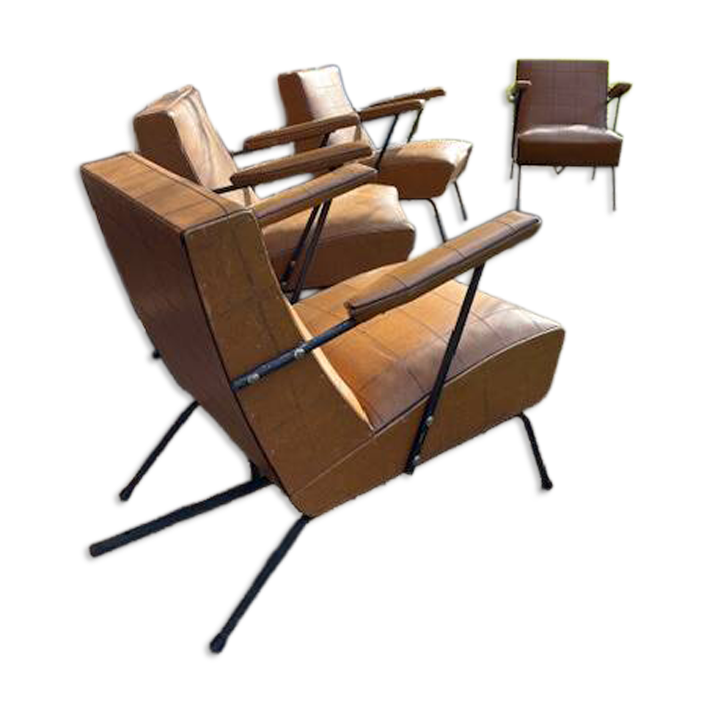 4 camel faux leather armchairs, 1950s