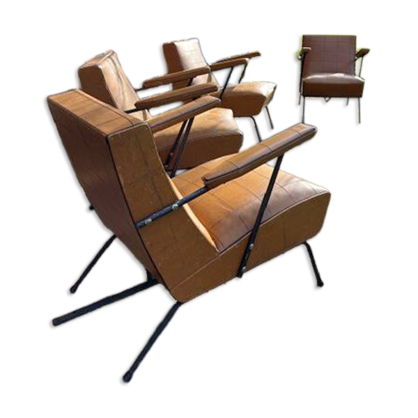 4 fauteuils en simili cuir camel, années 50