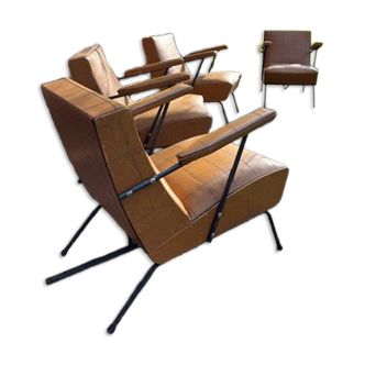 4 camel faux leather armchairs, 1950s