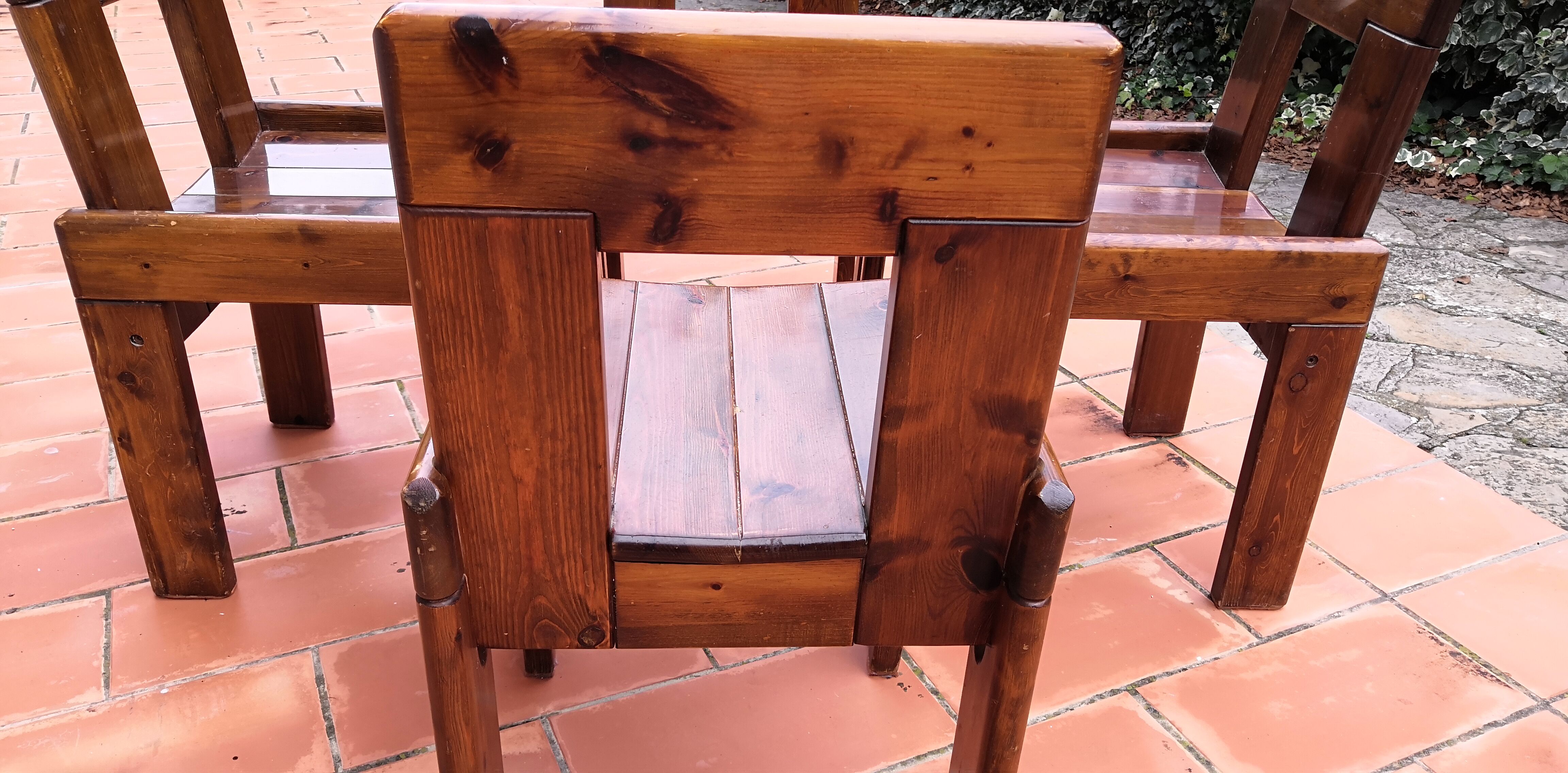 Brutalist Solid Pine Chairs Set of 4, 70s