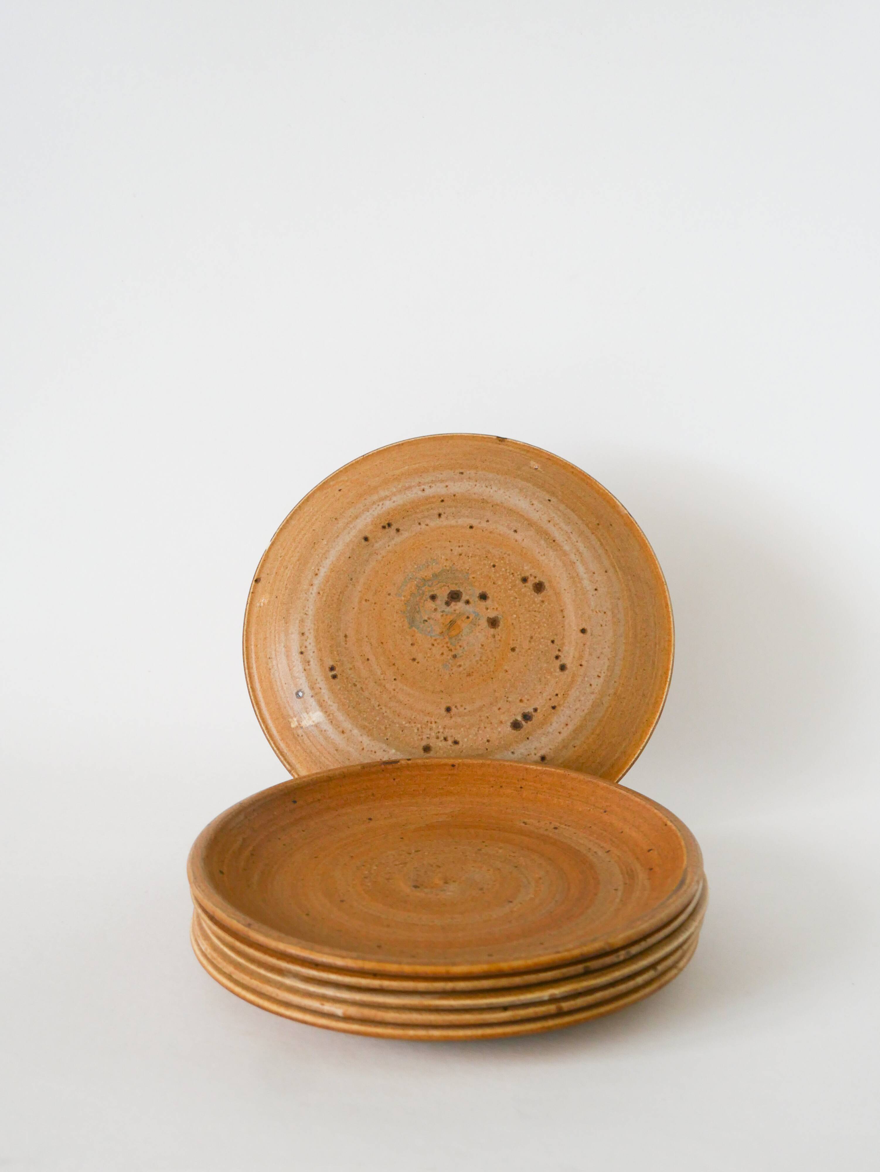 Set of 6 speckled stoneware dessert plates, handmade, 1970.