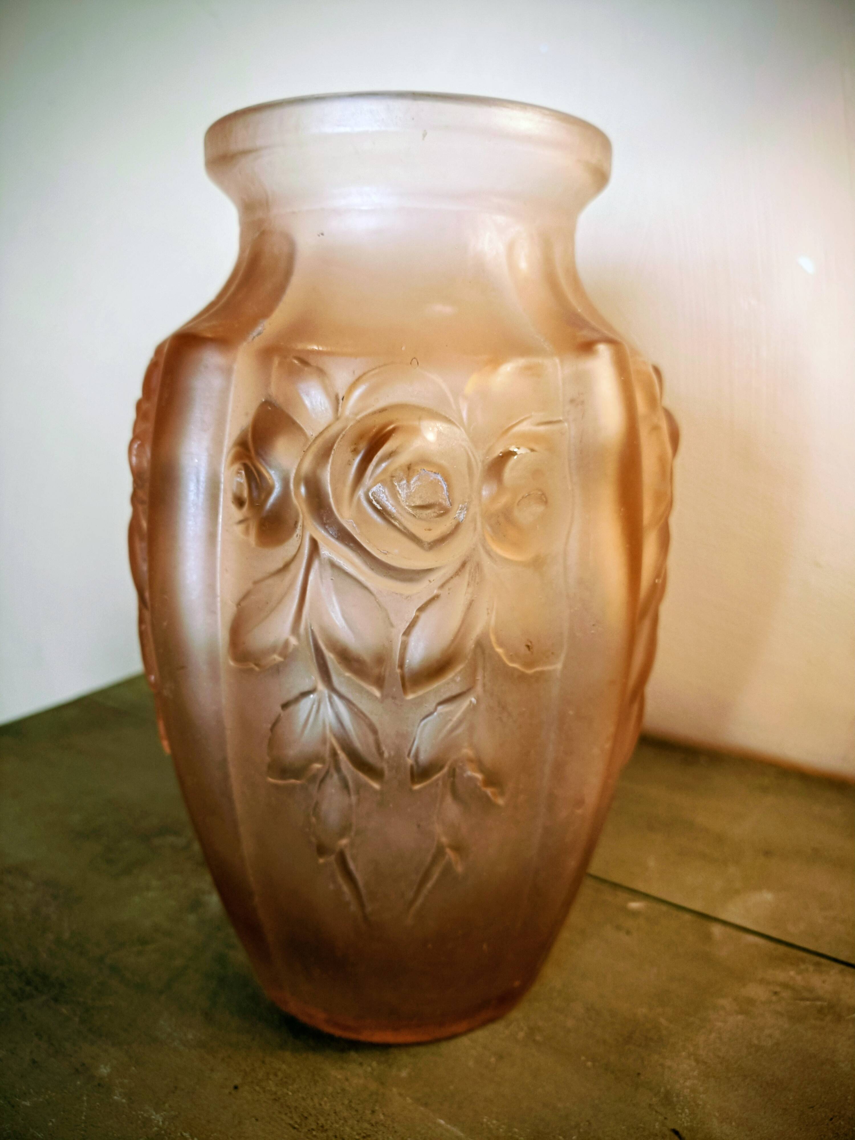 Art Deco vase, moulded satin pink glass.