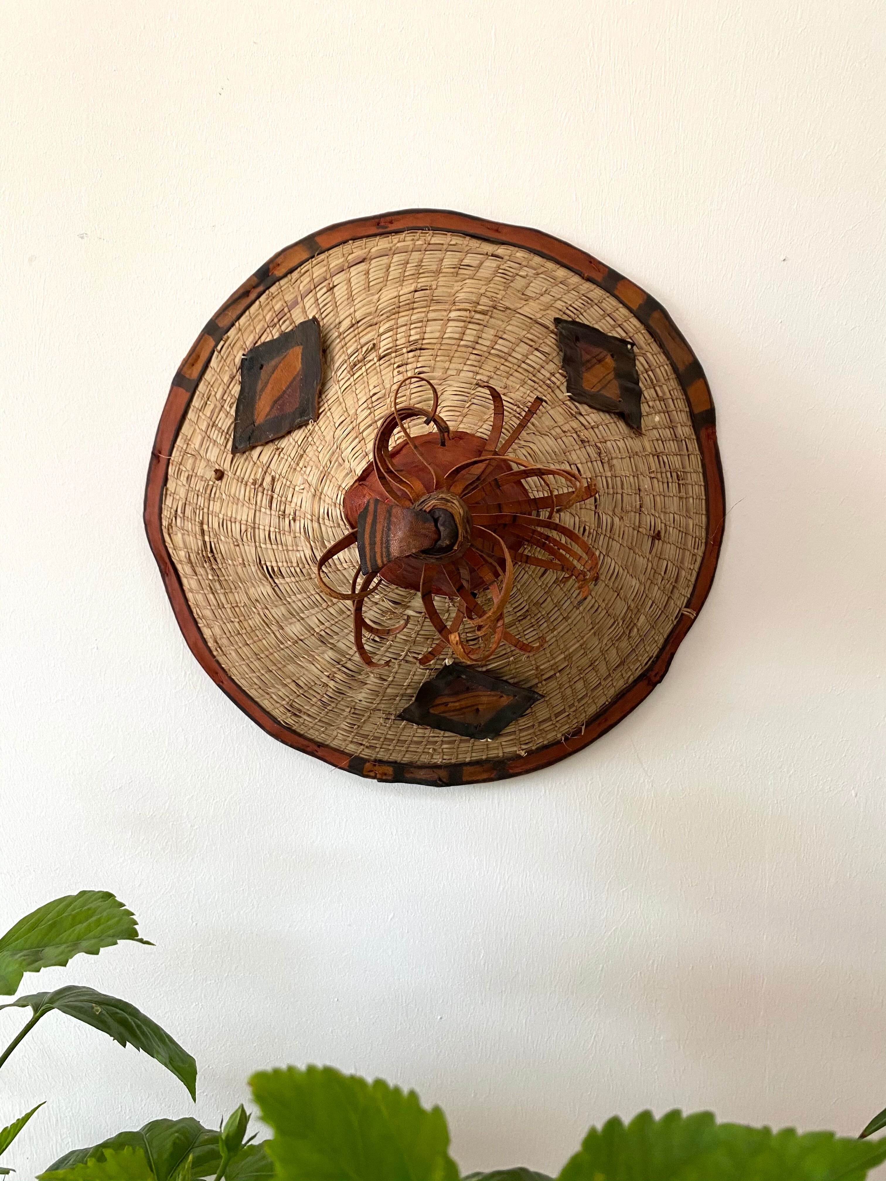Traditional African Fulani hat in leather and woven straw