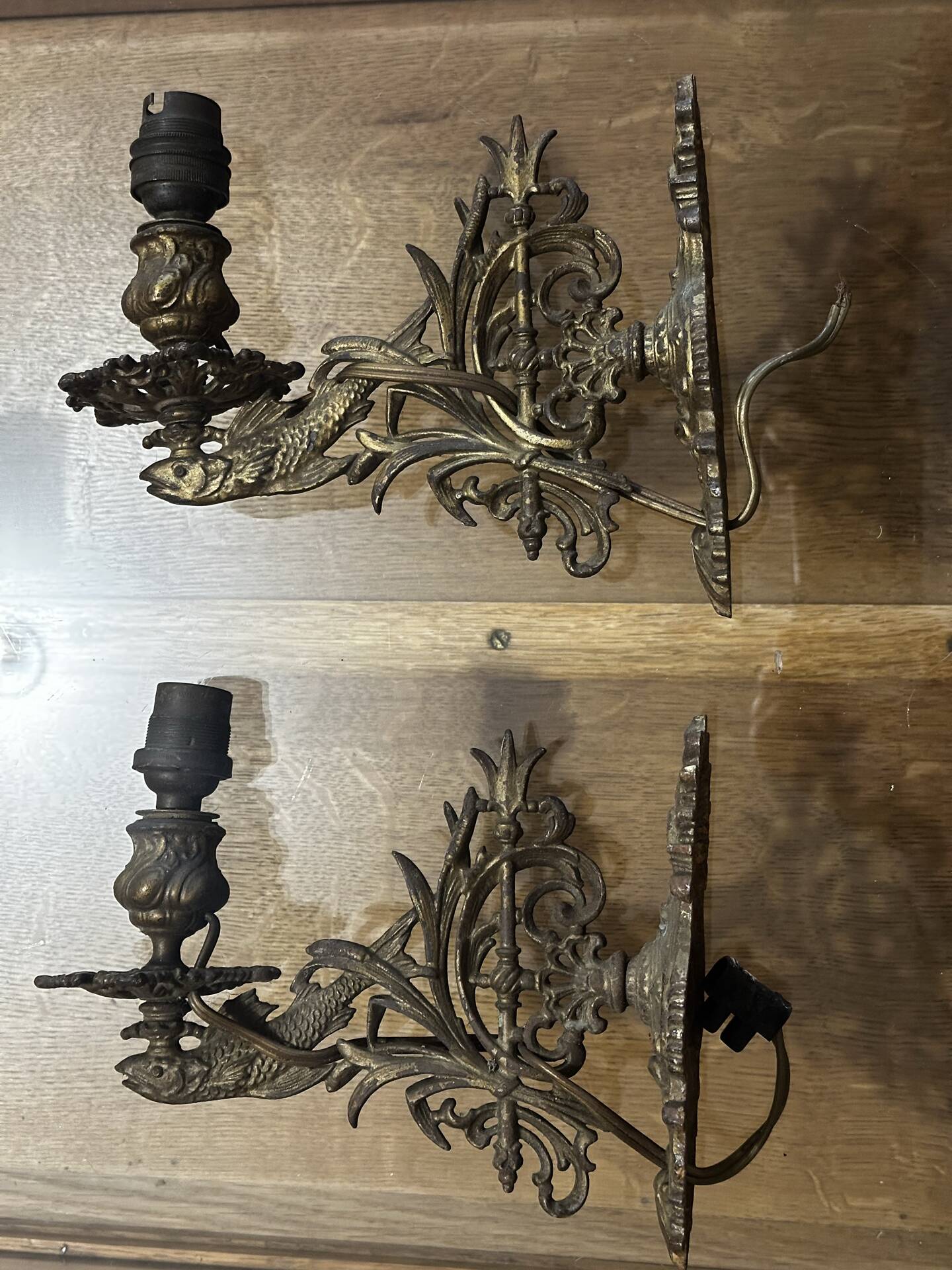 Pair of naturalistic wall sconces with fish circa 1900