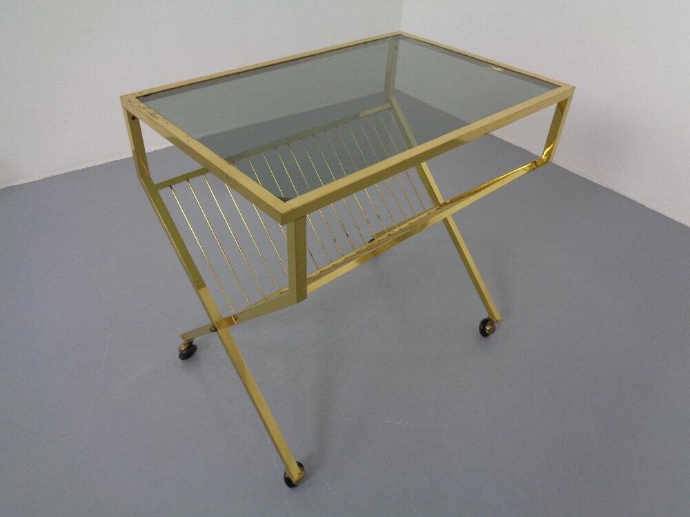 French brass and glass cart with magazine rack, 1960s