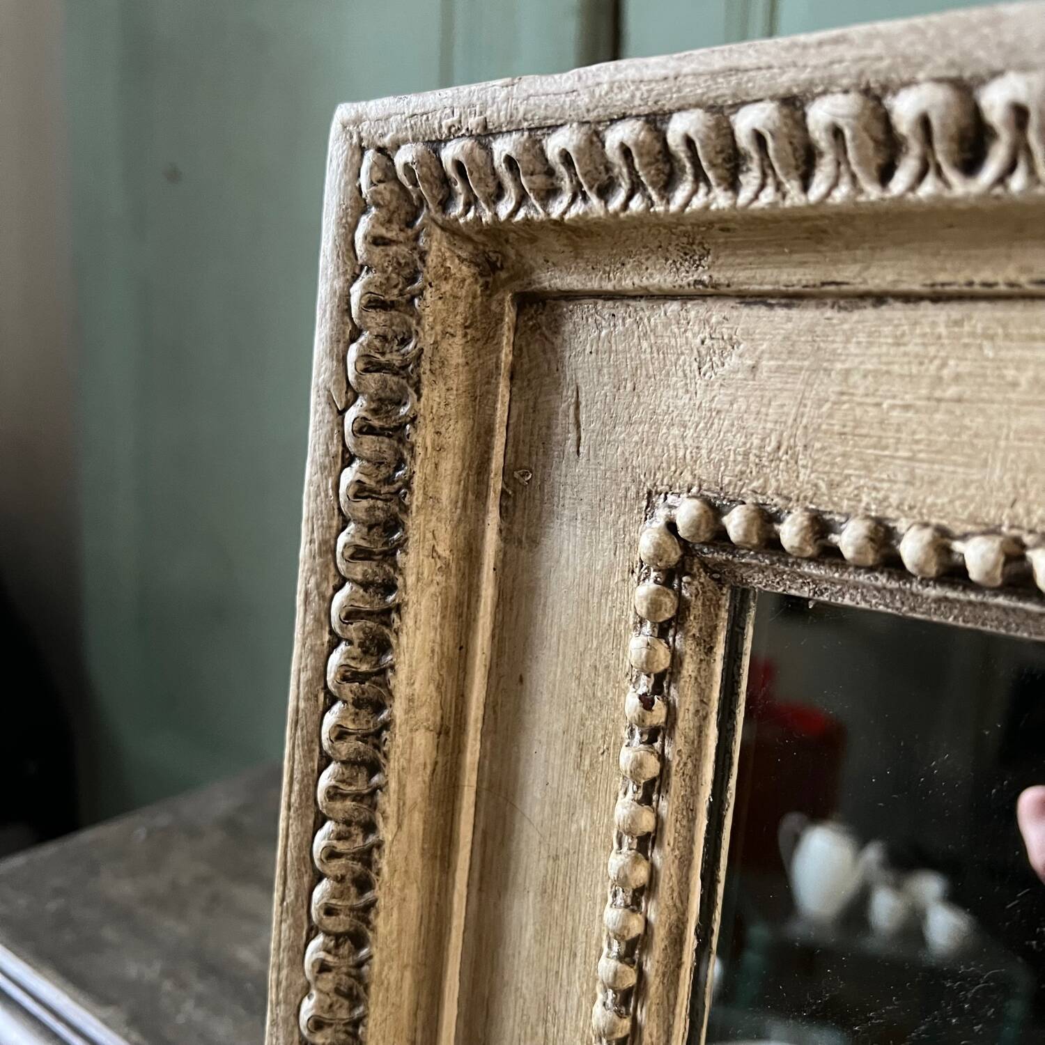 Mirror frame in white painted patinated wood