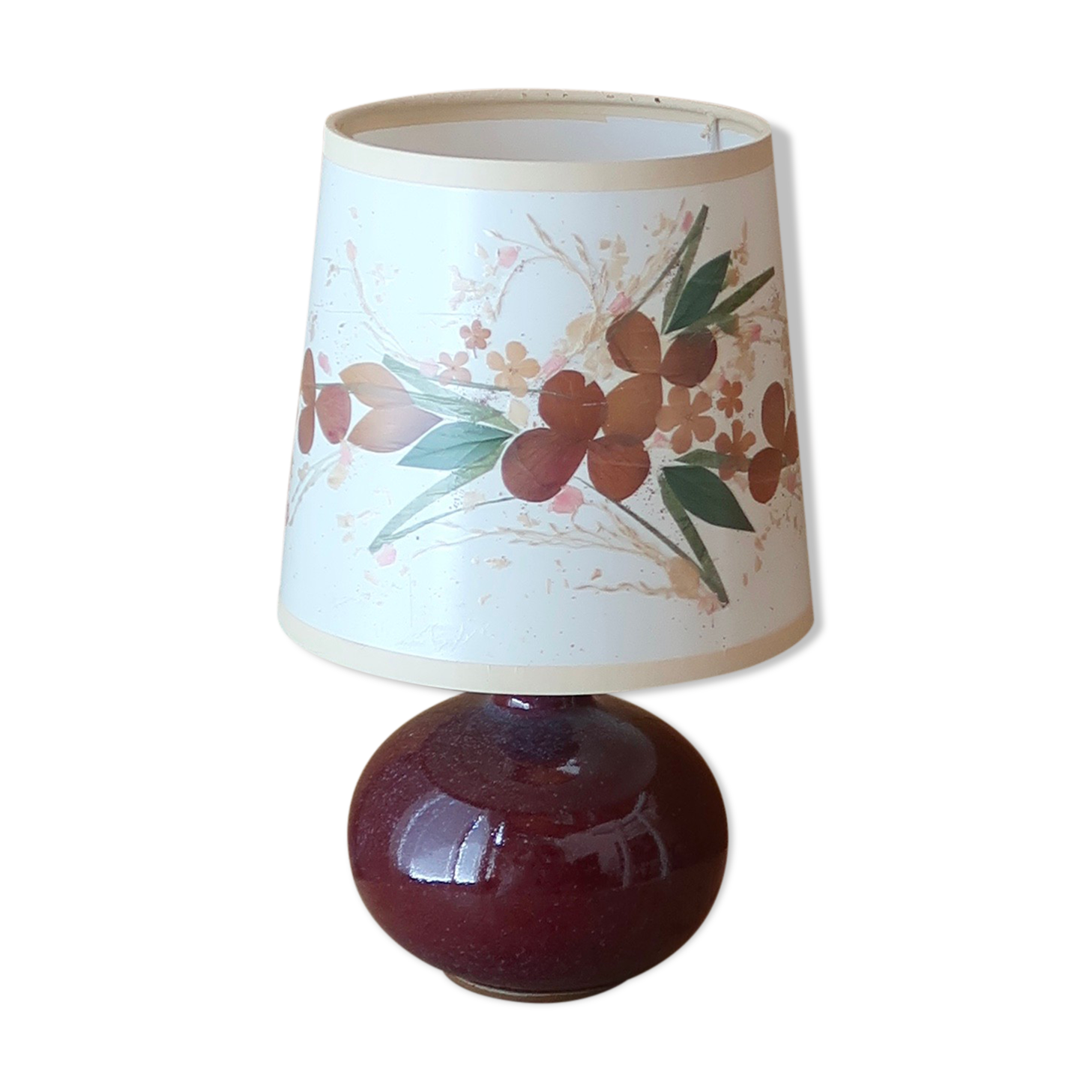 Purple pink ceramic lamp, herbarium-style lampshade, 60s