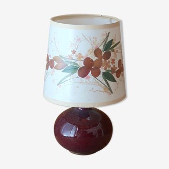 Lampe en céramique rose violette, abat-jour façon herbier, années 60