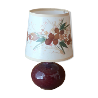 Lampe en céramique rose violette, abat-jour façon herbier, années 60