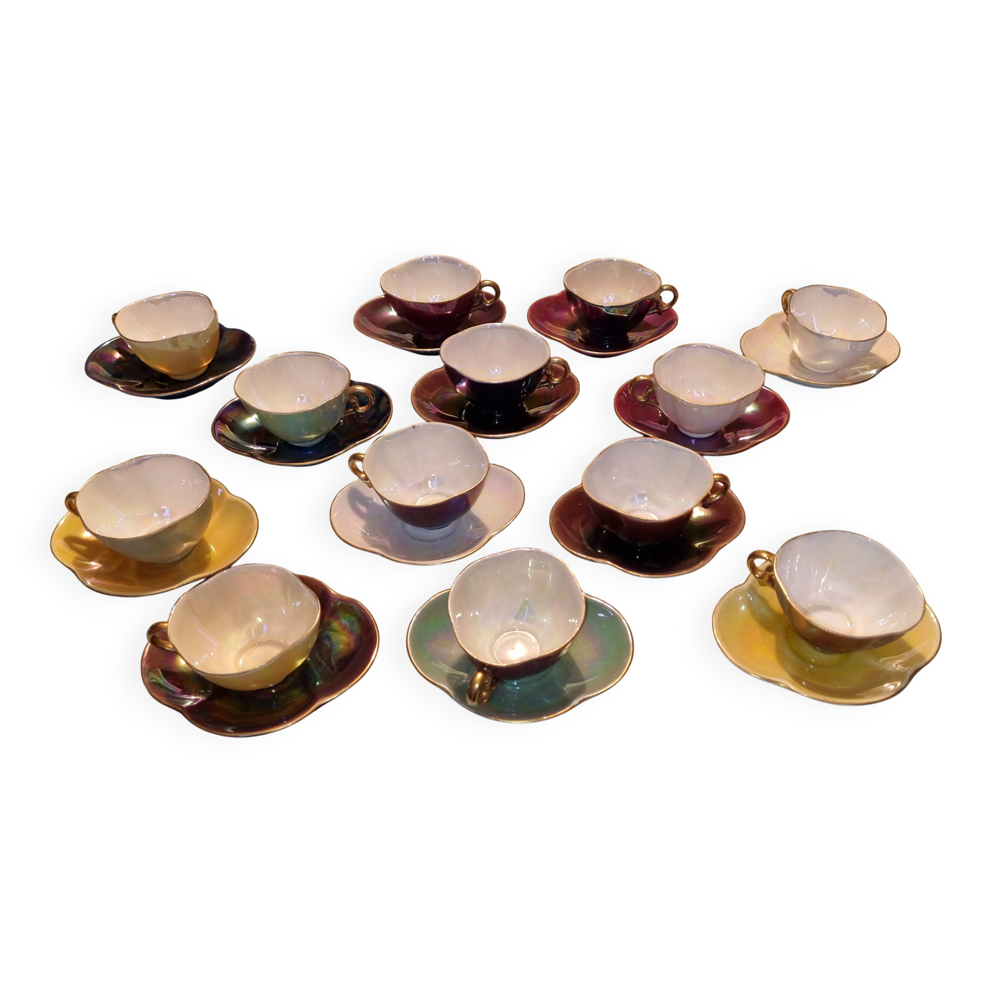 Rare service moka/café 13 cups iridescent porcelain Sarreguemines 19th century