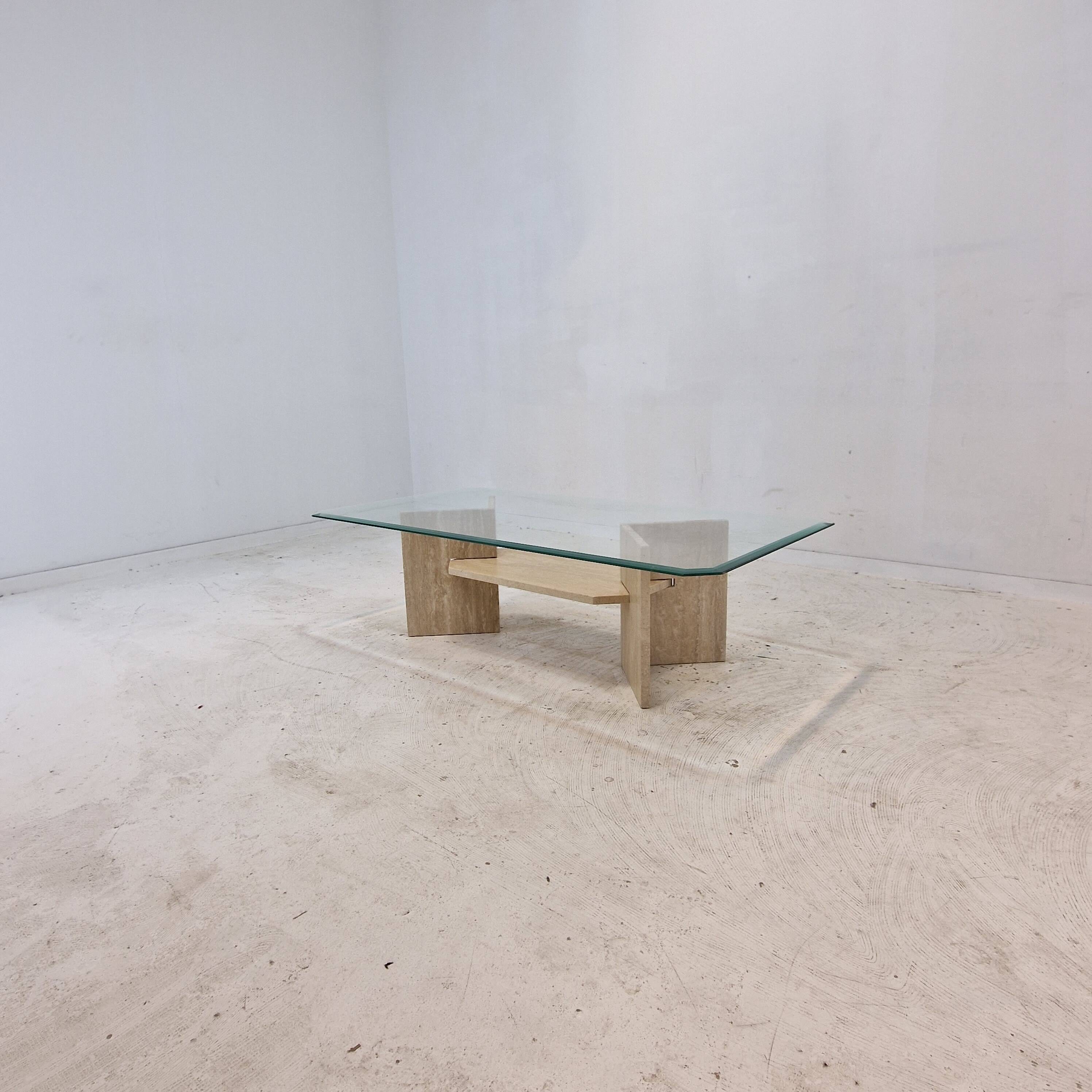 Italian Coffee Table in Travertine and Facet Cut Glass, 1980s