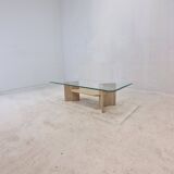 Italian Coffee Table in Travertine and Facet Cut Glass, 1980s