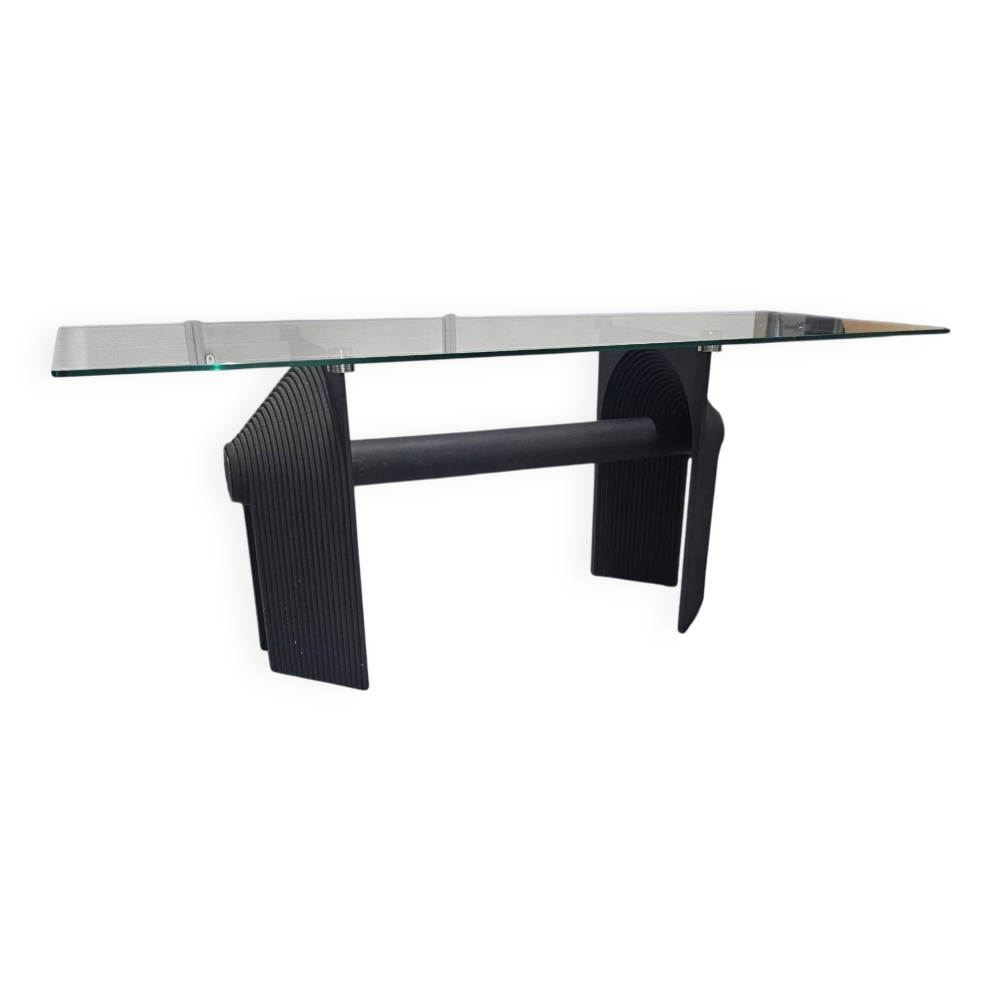 Post Modern Cast Iron Black Dining Table or Desk with Glass Top / 1980s