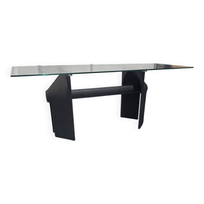 Table à manger ou bureau en fonte noire post-moderne avec plateau en verre / années 1980