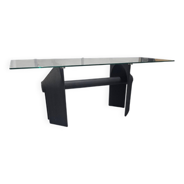 Table à manger ou bureau en fonte noire post-moderne avec plateau en verre / années 1980