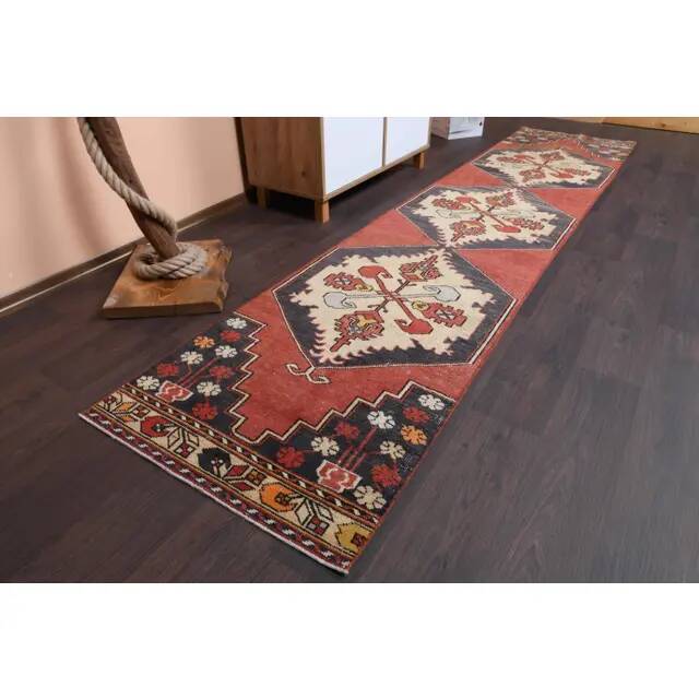 Vintage Turkish Oushak Handmade Wool Cotton Red Runner Rug 73x330