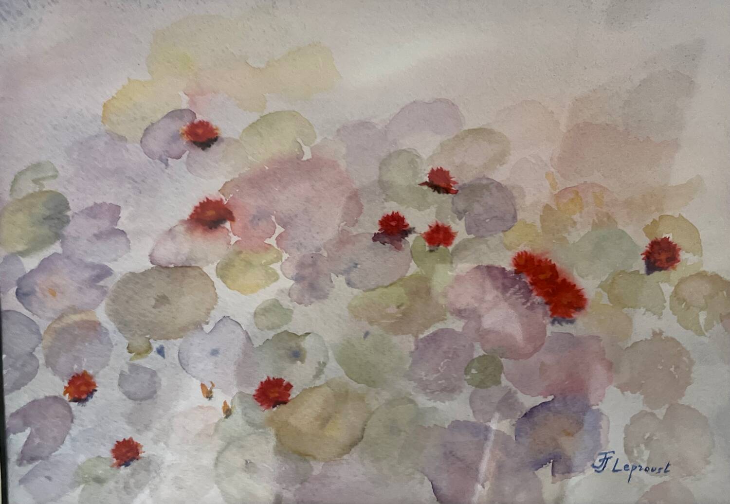 Tableau, aquarelle "Nymphéas" de JJ Leproust