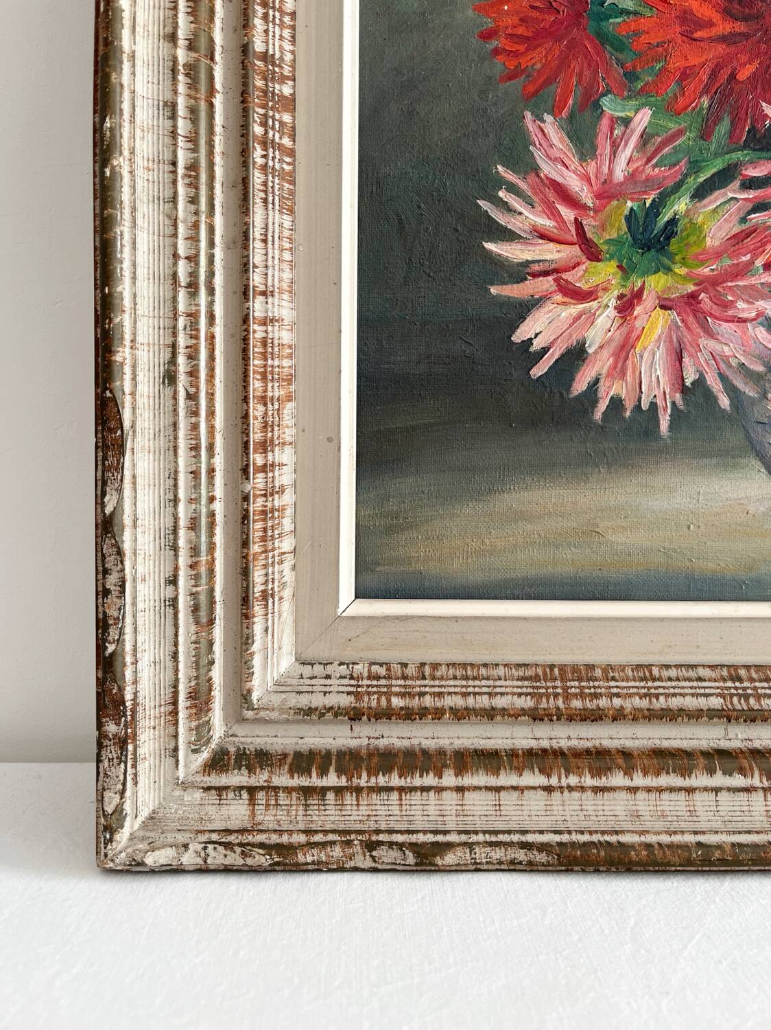 Peinture ancienne tableau huile sur toile fleurs dahlias 