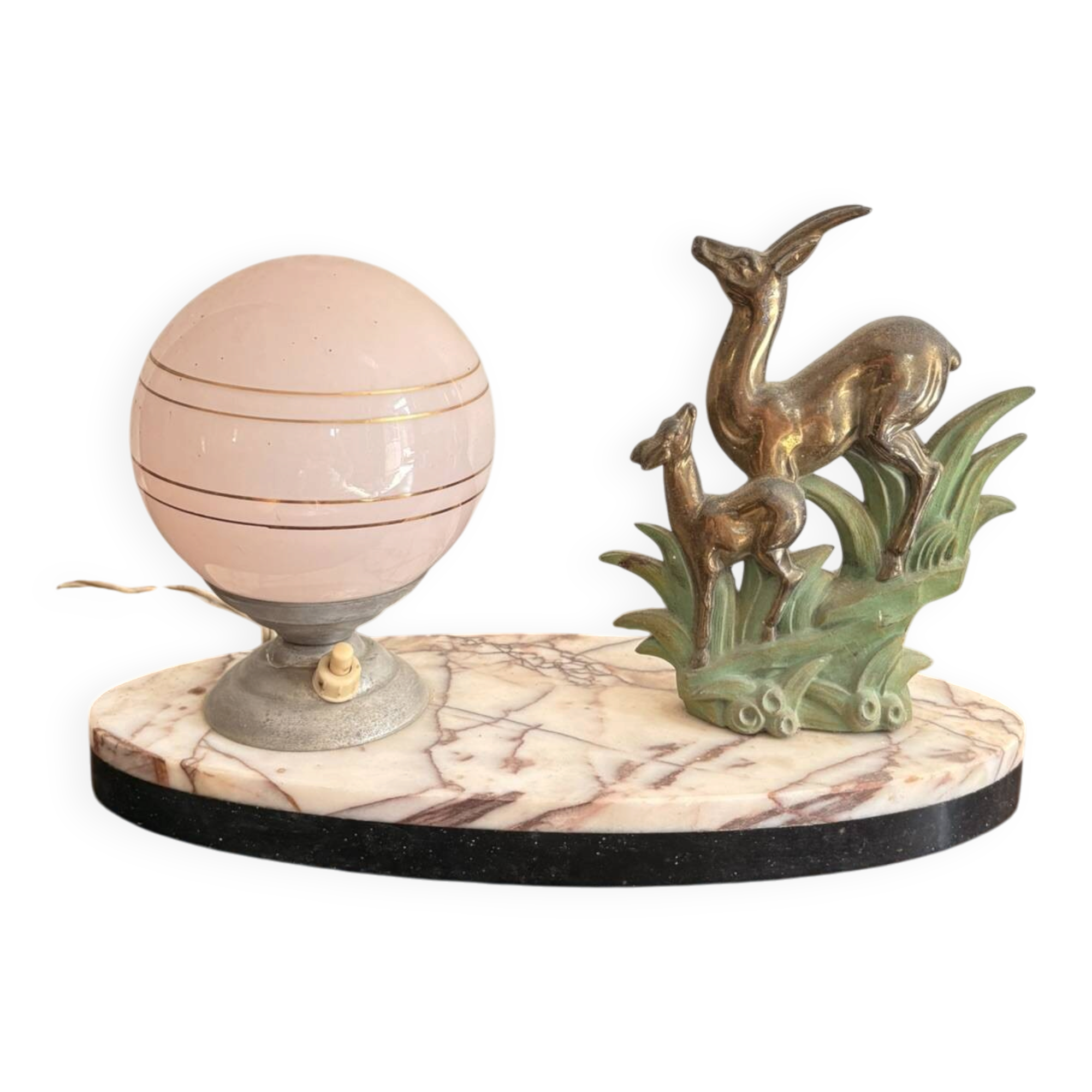 Antique Art Deco table lamp in marble and pink glass featuring a deer.