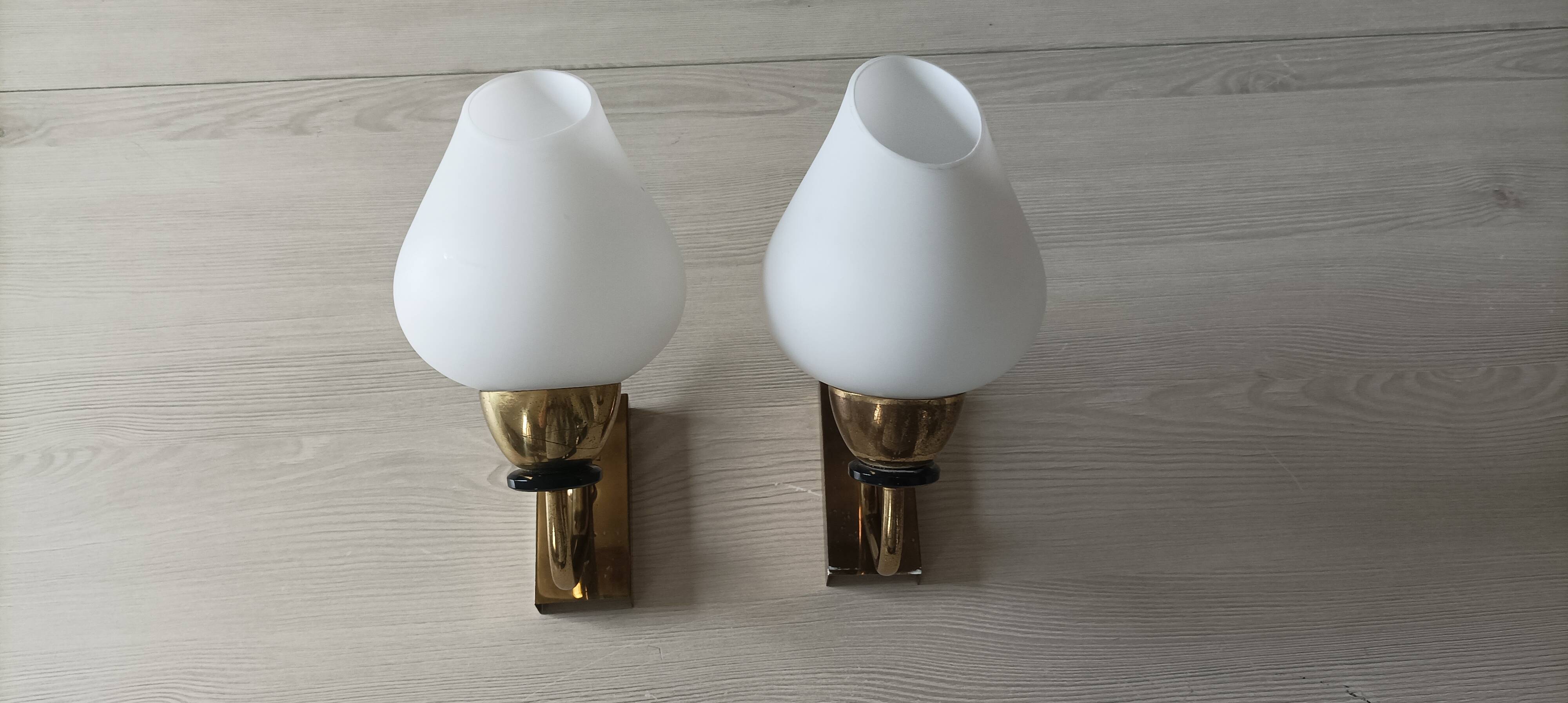 Vintage arlus wall lights in brass and glass 1950