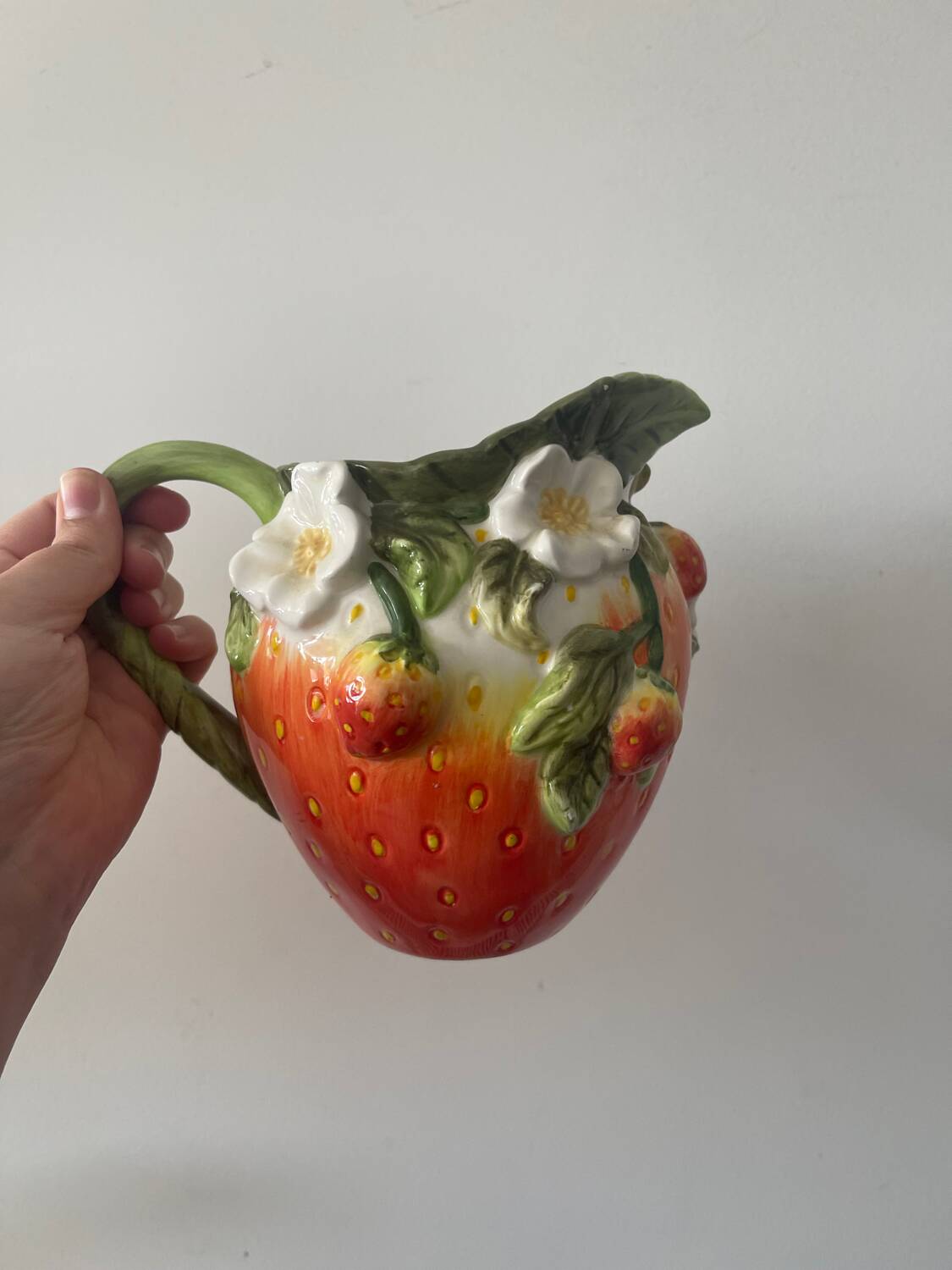 Strawberry shaped pitcher with vintage flowers ceramic pitcher in shape