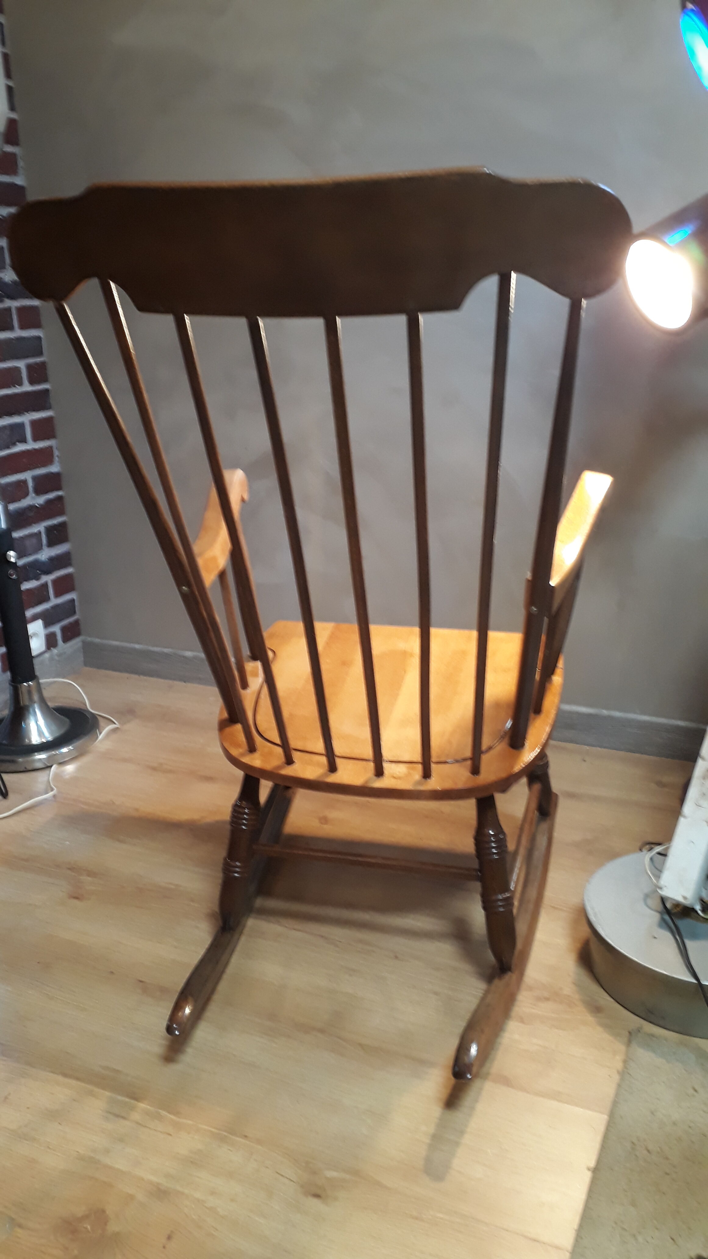 Brown and natural wood rocking chair 1970